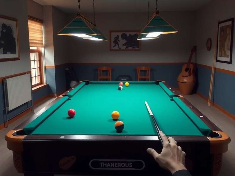 Professional 8 Ball Pool game setup with cue stick and balls on a green felt table