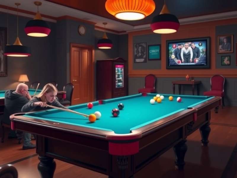 Professional 8 Ball Pool setup with cue stick and balls in focus