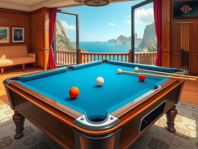 Professional 8 Ball Pool table with cue and balls in focus