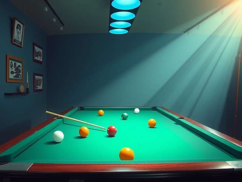 Close-up of a pool cue hitting the cue ball with visible spin on a green table
