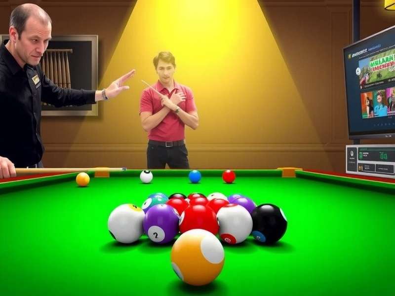 A professional setup of an online 8 Ball Pool game on a mobile device, showing a critical shot
