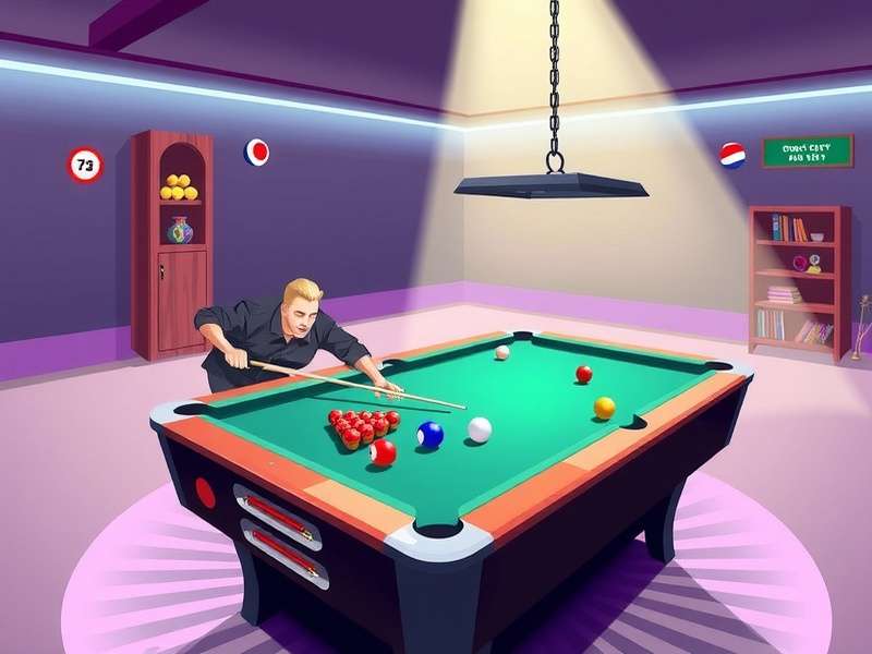 A professional 8 Ball Pool table setup with cue and balls under dramatic lighting