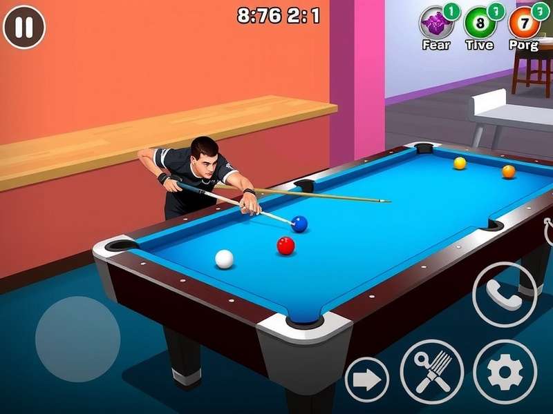 Professional 8 Ball Pool table with cue and balls ready for break