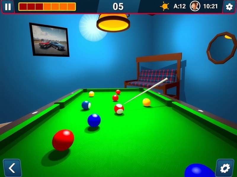 A professional billiards table with perfect lighting, focusing on the 8 ball