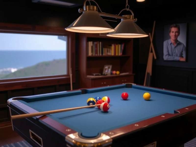 8 Ball Pool table with cue stick aligned for shot