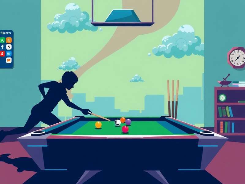 A professional 8 Ball Pool setup with cue stick and balls on a green table