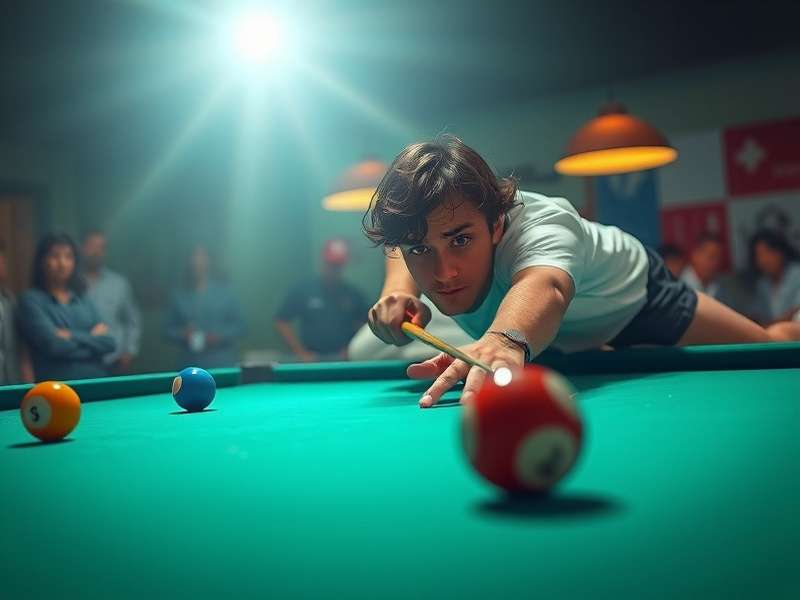 Professional 8 Ball Pool player taking a shot in a tournament setting