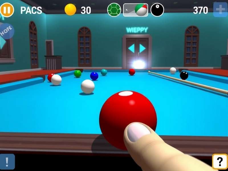 8 Ball Pool game table with balls racked and cue stick ready for break shot