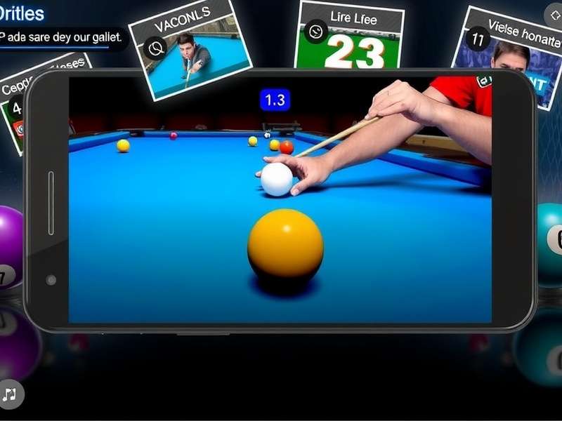 8 Ball Pool game table with colorful balls arranged in triangle, Spanish version interface overlay