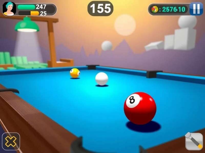 8 Ball Pool Miniclip gameplay on a mobile device showing a player taking a shot