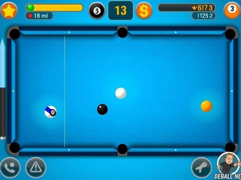 8 Ball Pool game table with cue stick and balls set up for break shot