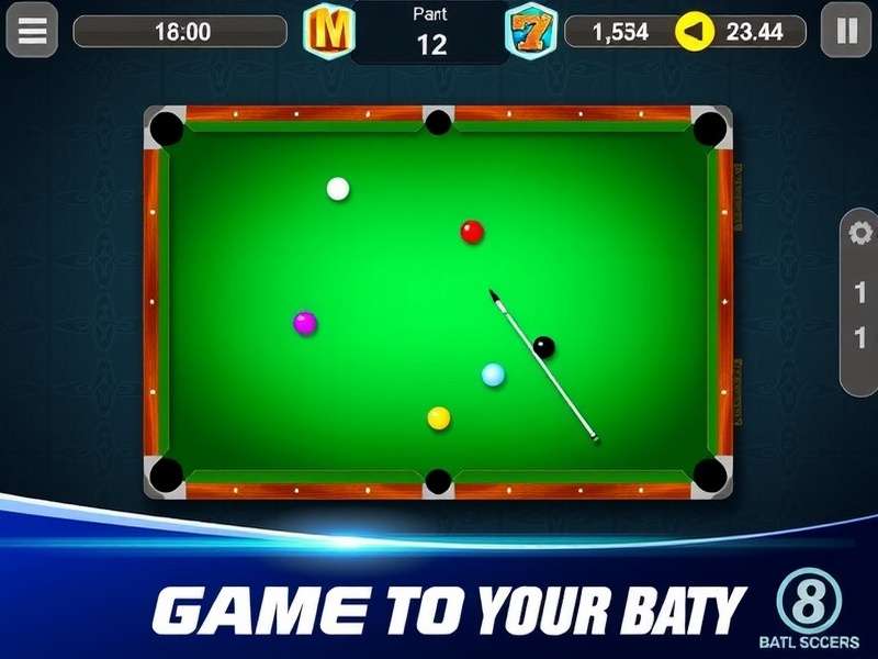 8 Ball Pool table with colourful balls arranged in triangle formation, ready for break shot