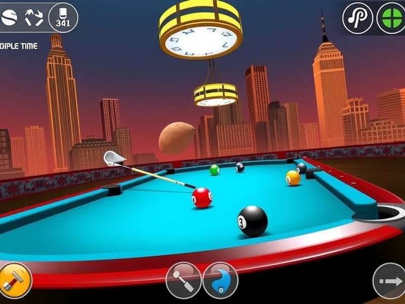 8 Ball Pool game setup with balls and cue on green table