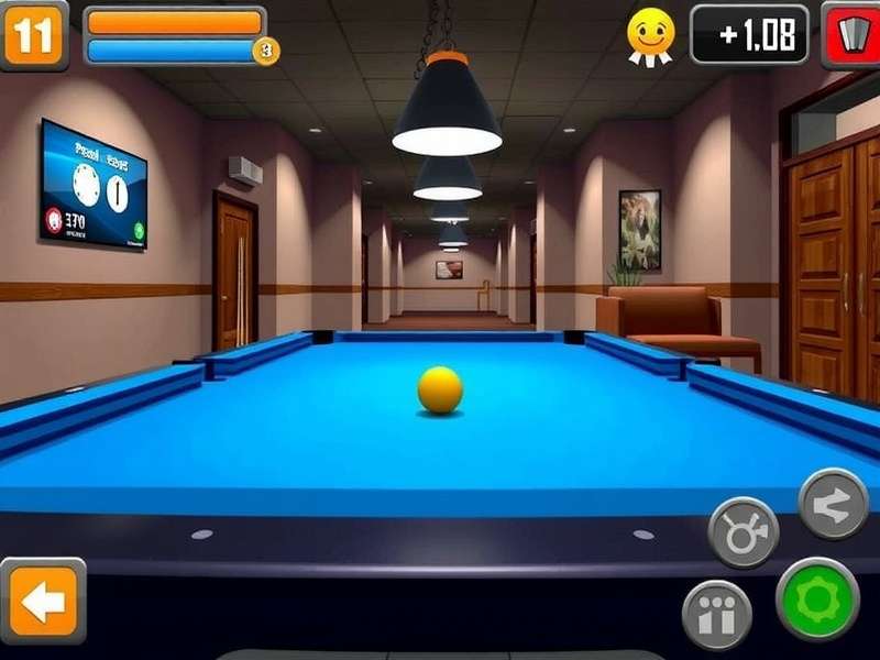 8 Ball Pool table with cue and balls arranged for break shot