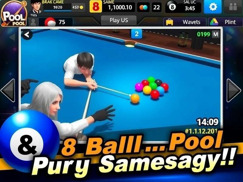 Two players competing in 8 Ball Pool game on a green table with cue sticks and racked balls